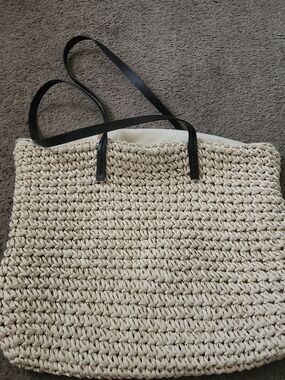 Woven Straw Tote Bag with Black Handles - Cream Unbranded